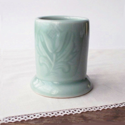 昭和レトロ陶器アンティーク/青磁の箸立/筆立