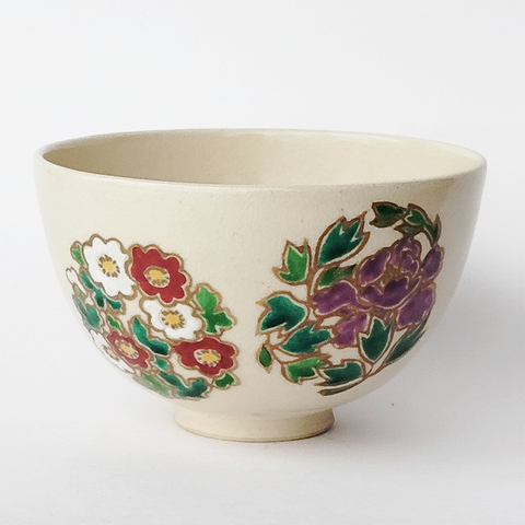 九谷菊牡丹蘭の花の抹茶茶碗/昭和平成レトロ茶道具⑥