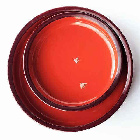 漆器菓子盆/内朱フチ黒螺鈿２羽千鳥の菓子鉢/菓子盆