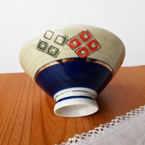 金朱緑菱紋刷毛目胴ルリレトロお茶碗(中平)