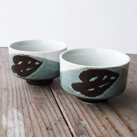 可愛い!昭和30年代★レース染め分け葉っぱ柄茶グリーンブラウン角煎茶湯呑み