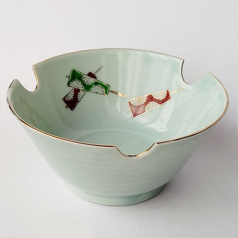 有田焼レトロ青磁色扇柄の美しい変形中千代久/中鉢