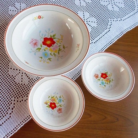 可愛い★赤ライン梨地お花柄のサラダボウルセット(大1＋小5)