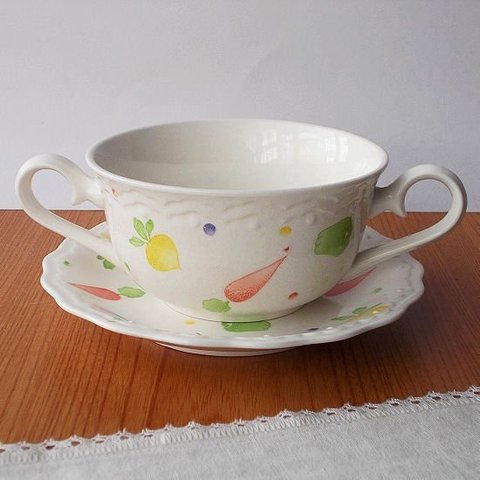 白＆パステルカラーの野菜ベジタブル柄スープカップ＆ソーサー/スープ皿