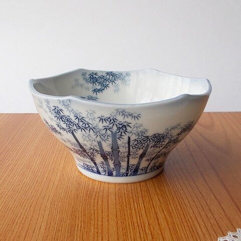 昭和レトロな爽やか薄水色竹林柄の六角形小鉢