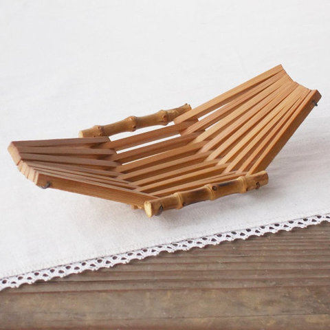 昭和レトロな懐かしい竹製船型おしぼり入れ/受けトレー
