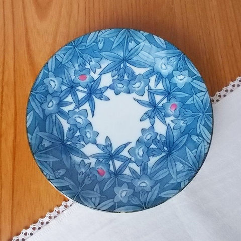 昭和レトロ食器/藍フチピンク3点二輪草柄小皿13.7cm