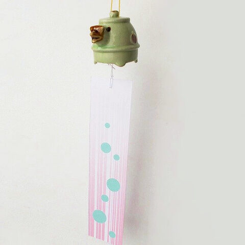 古い時代の可愛い陶器の風鈴【ぶんぶく茶釜狸さん】グリーン