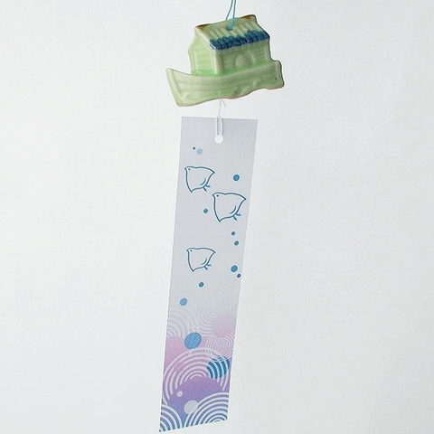 古い時代のアンティークな可愛い陶器の風鈴【屋形船】グリーン