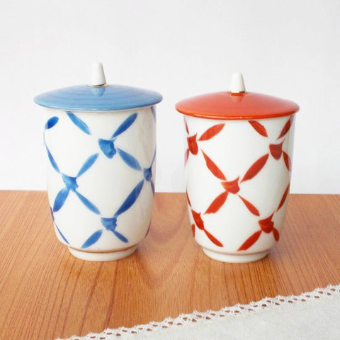 網目柄の可愛い蓋付き長湯呑み夫婦湯呑み/和幸2客セット