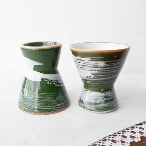 ★昭和30年代★レトログリーン白刷毛目柄可愛い高浜盃