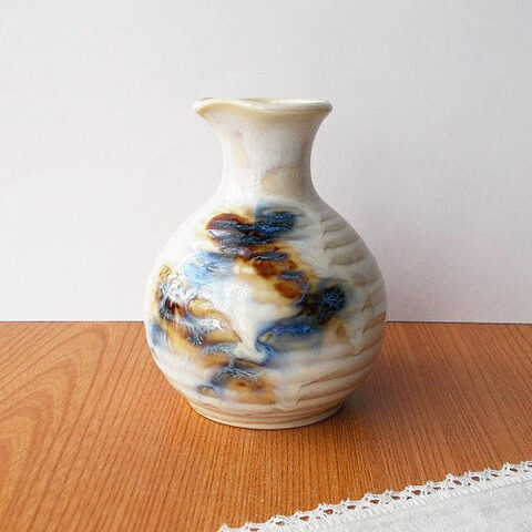 千段白刷毛青茶網目柄片口汁次徳利/醤油差/タレ入れ/花器にも