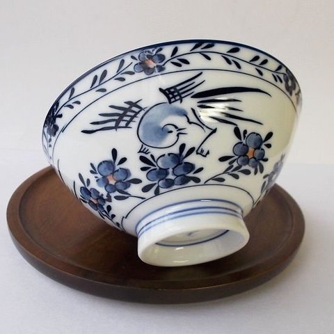 大きなお茶碗★藍色鳥花図柄毛料お茶碗