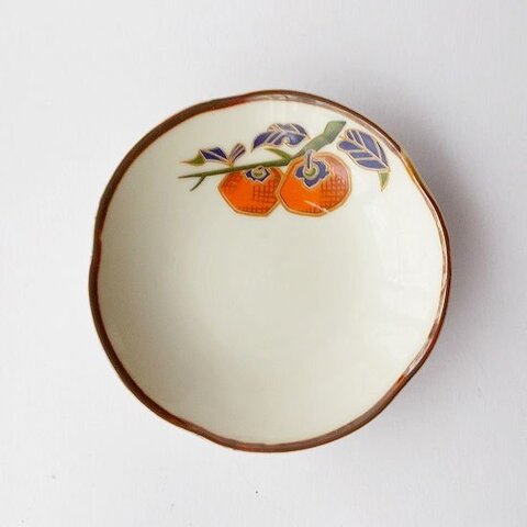 昭和レトロなフチさび朱色柿の実二つ枝小皿12.3cm