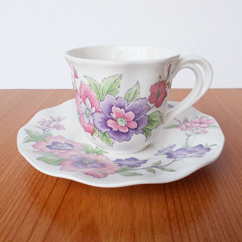 洋風ピンク紫お花柄貫入コーヒーカップ＆ソーサー