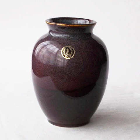 渋い色合いが素敵な昭和レトロつぼ型花瓶【茶色系白釉薬マーブル】/中/