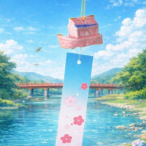 古い時代のアンティークな可愛い陶器の風鈴【屋形船】ピンク
