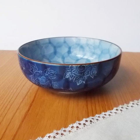 口さびダミ藍白線牡丹花散らし小鉢