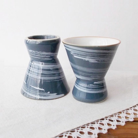 ★昭和30年代★レトロブルー白刷毛目柄可愛い高浜盃