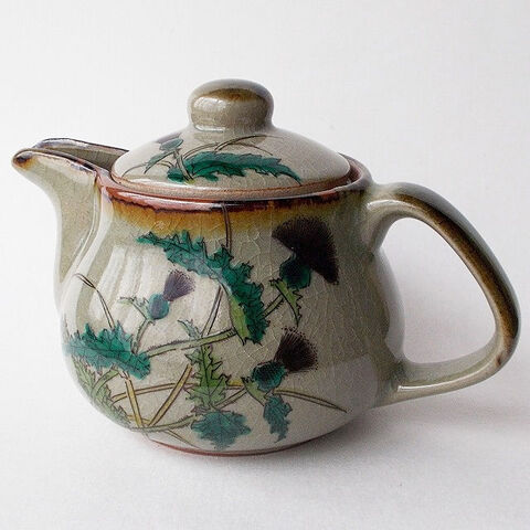 九谷焼きのさび貫入アザミの花柄可愛いサイズの急須/アミ付き