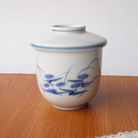 有田焼き白磁染付茅菊花レトロ茶碗蒸し器