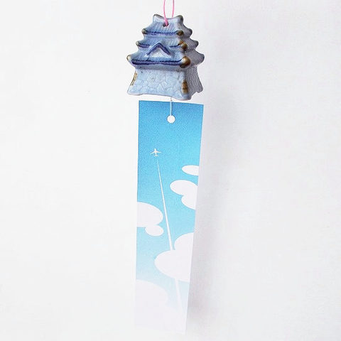 古い時代のアンティークな可愛い陶器の風鈴【お城】ブルー
