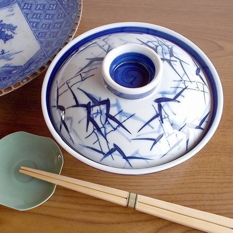 昭和レトロな料亭♪青竹笹葉図柄濃紺ライン蓋向/蓋付き平碗