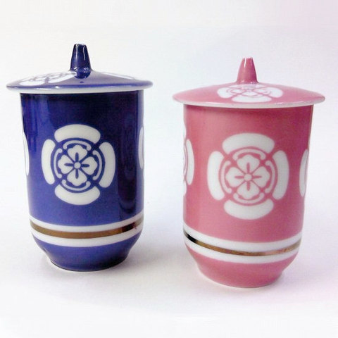 koyo可愛い!ピンク＆ネイビーお花紋柄の蓋付き長湯呑み/昭和レトロポップ２客セット