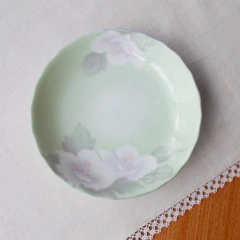 昭和レトロ食器★ヒワ色芙蓉の花柄小皿11.8cm