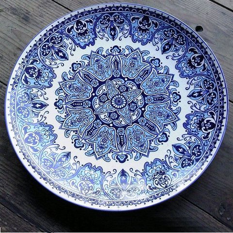 昭和レトロな欧風柄のブルー総草花幾何学柄のステキな大皿37cm