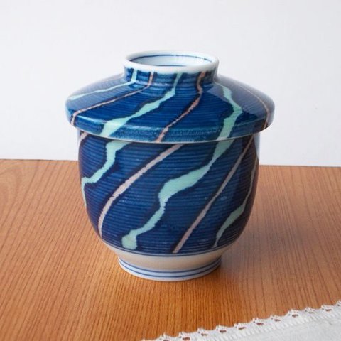 有田焼きフチサビ藍色斜め十草のレトロ茶碗蒸し器