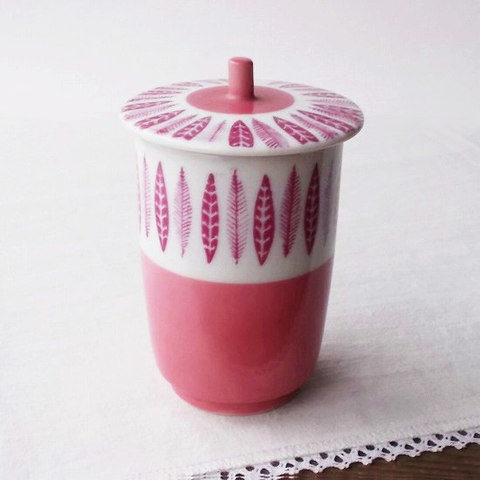 koyo北欧風レトロモダンピンク葉っぱ柄蓋付き長湯呑み★可愛い/訳あり