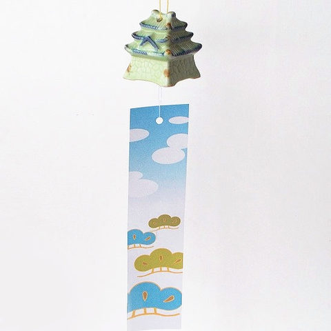 古い時代のアンティークな可愛い陶器の風鈴【お城】グリーン
