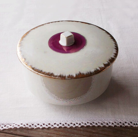 紫金彩ラスター四角いつまみが可愛い蓋物菓子鉢/昭和レトロ陶器蓋つき鉢