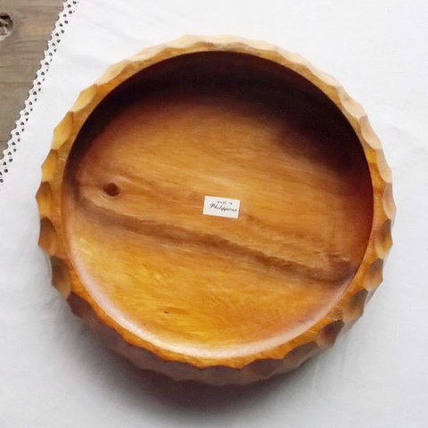 アカシヤ木製ポコポコ彫り円形大鉢/深トレイ22.5cm