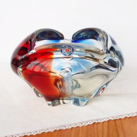 曽我ガラス赤青透明マーブル/ハンドクラフトガラス製灰皿