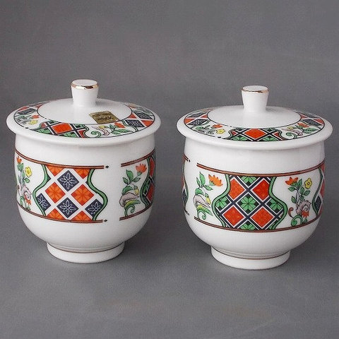 昭和レトロポップな花柄ラインの蓋つき湯呑みkoyo