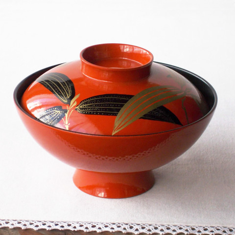 昭和の漆器【朱金黒笹の葉柄内黒】お吸物椀 sk-10