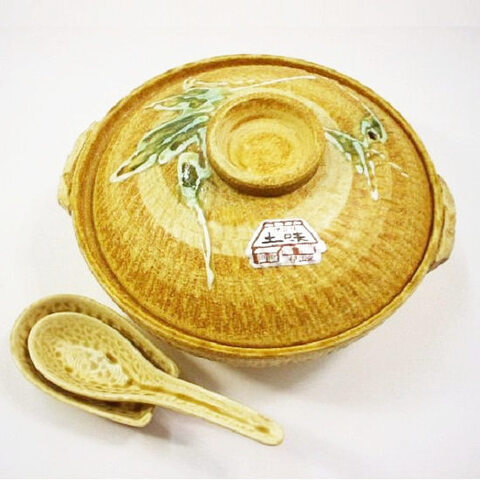 伊賀焼き伊山窯削りカンナ一珍織部笹の葉柄/本当のつち鍋/一人用土鍋