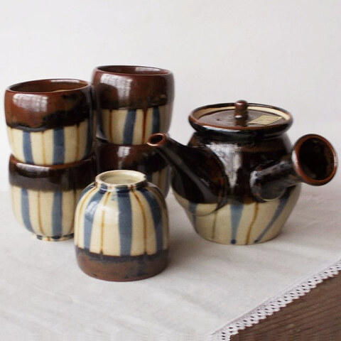 昭和レトロ青茶十草民芸調の可愛い茶器セット[急須1+湯呑5]