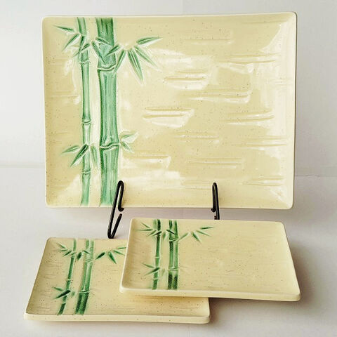 黄梨地緑釉の竹林柄長角皿/銘々皿としても