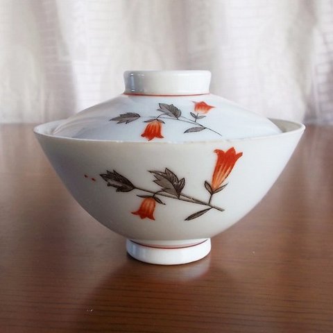 統制陶器【岐19】昭和初期の赤い小花柄ミニ蓋付きお茶碗