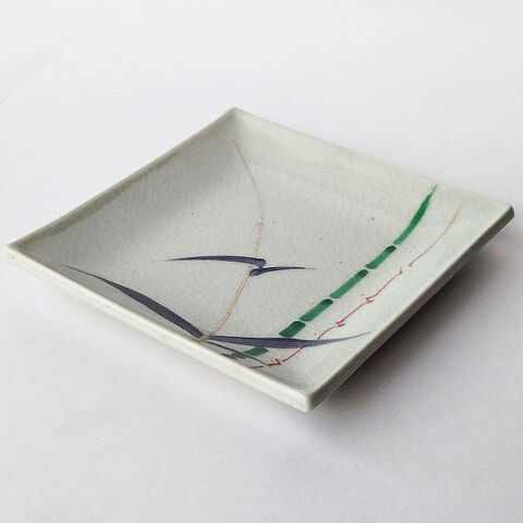 【プレゼント品】九谷貫入竹林笹の葉柄の銘々皿/正方形菓子皿