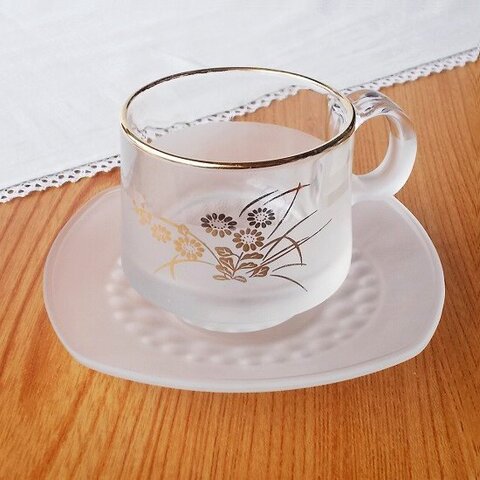 カメイガラス金彩菊花柄すりガラス/冷茶/コーヒー/カップ＆ソーサ―