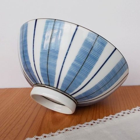 【白山陶器】ブルー千段筋十草お茶碗(大平)