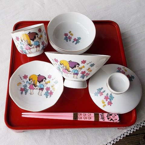 昭和レトロお食い初め食器/子供食器/可愛いキャラクター花柄レトロコミック漫画調koyo