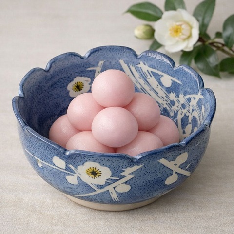 水色白抜き梅花枝図柄志野風花形菓子鉢