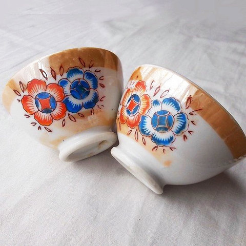 オキュパイトジャパン★オレンジラスター彩ライン青オレンジ花柄湯呑み1客