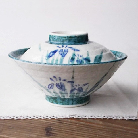 昭和レトロ食堂★あやめ花柄淡雪蓋付き飯碗どんぶり