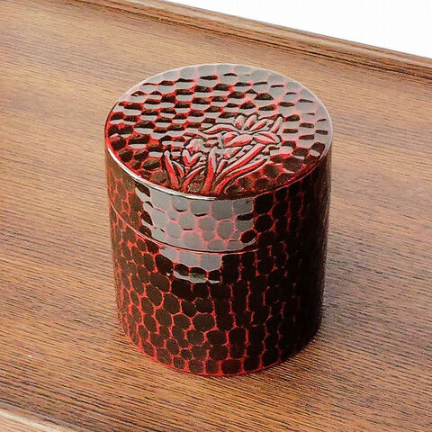 鎌倉彫/菖蒲の花柄茶筒/昭和レトロ茶道具